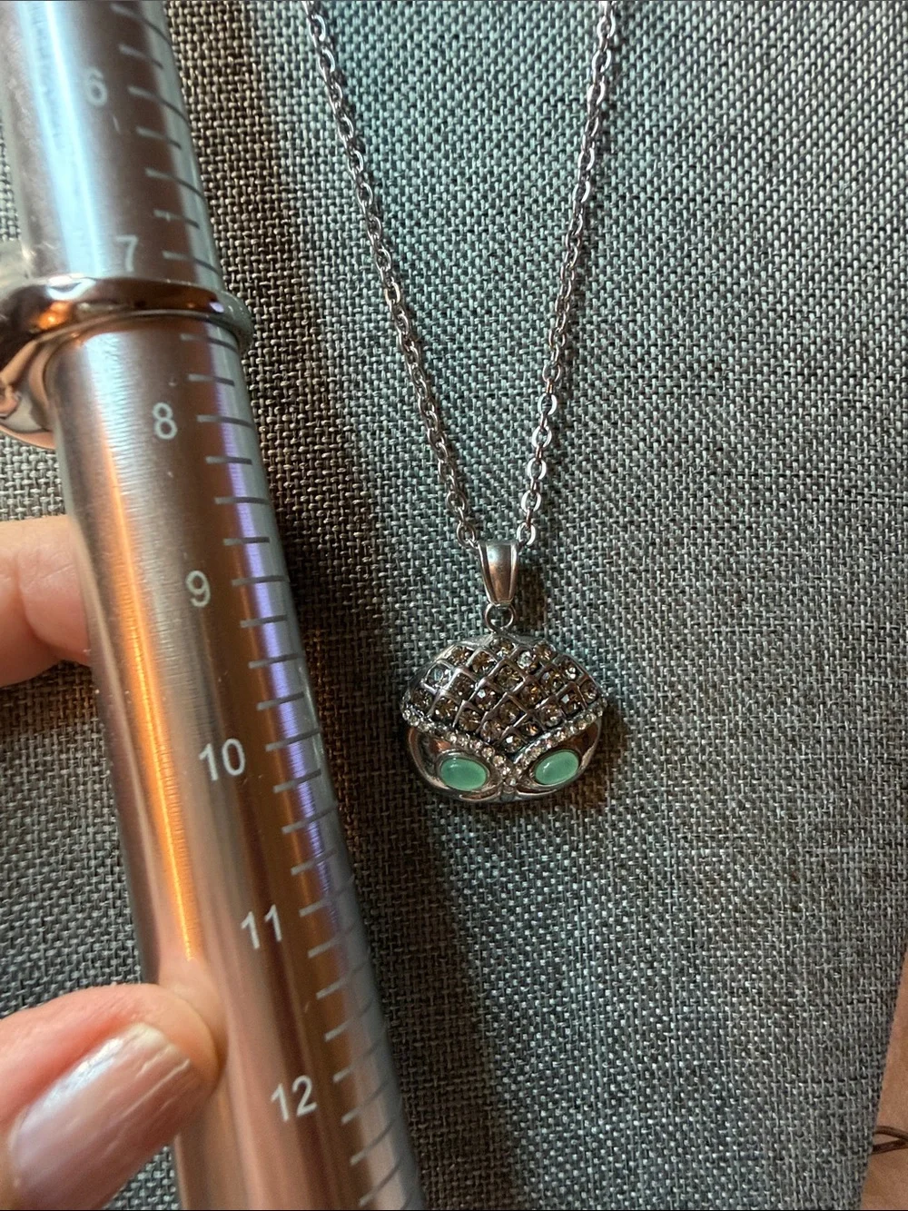 Silver Tone Owl Pendant Necklace and Ring Set with Green Stone Accents